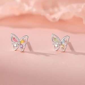 S925 Silver Minimalist Women's Colorful Diamond Butterfly Ear Studs, Small and Sweet, Girlish, Fresh – Style, Summer Trendy, Light – Luxury Ear Accessories