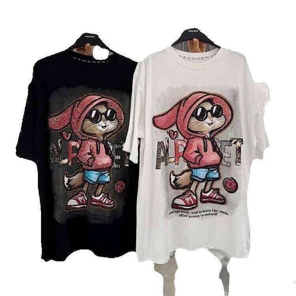 Plus Size Women's Clothing 150kg Heavy Embroidered Rabbit Short Sleeve T-Shirt for Women Summer Mid-Length Loose Slimming Top