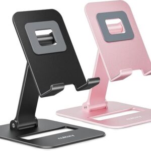 2-piece double folding phone stand, fully adjustable desktop phone stand, compatible with all iPhone 16, 15, 14, 13, 12, 11 phones, black and rose gold