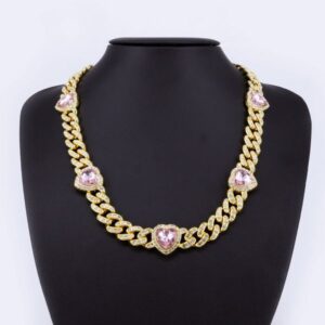 12mm Heart-Shaped Diamond Cuban Link Necklace – Trendy Hip-Hop Jewelry for Men, Pink Gemstone Accent