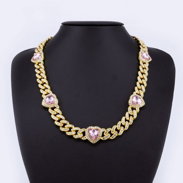 12mm Heart-Shaped Diamond Cuban Link Necklace - Trendy Hip-Hop Jewelry for Men, Pink Gemstone Accent