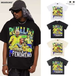 2025 Heavy Short Sleeve Ronaldo Football American Style Washed and Distressed Trend Oversized Jersey Length T-Shirt