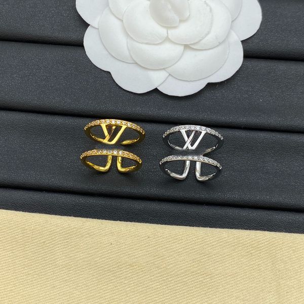 Luxury Classic Brand Designer Band Couple Letter Rings Silver Zircon Charm Crystal 18K Gold Wedding Open Ring for Women Jewelry Party