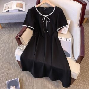 Sweet contrast color square neck short sleeve dress for women 200 pounds fat girl slim temperament large size little black dress3412