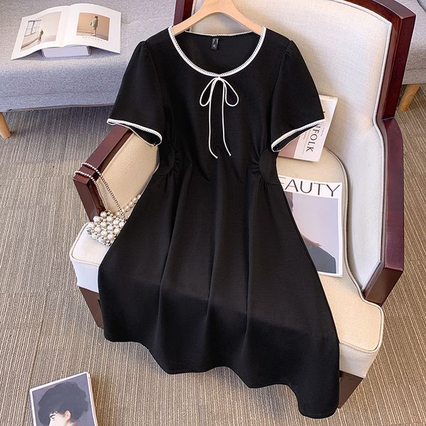 Sweet contrast color square neck short sleeve dress for women 200 pounds fat girl slim temperament large size little black dress3412
