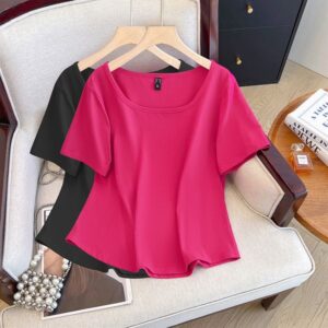 Plus size, T-shirt spring/summer short sleeved square neck cotton T-piece red loose hide and cover top 3501