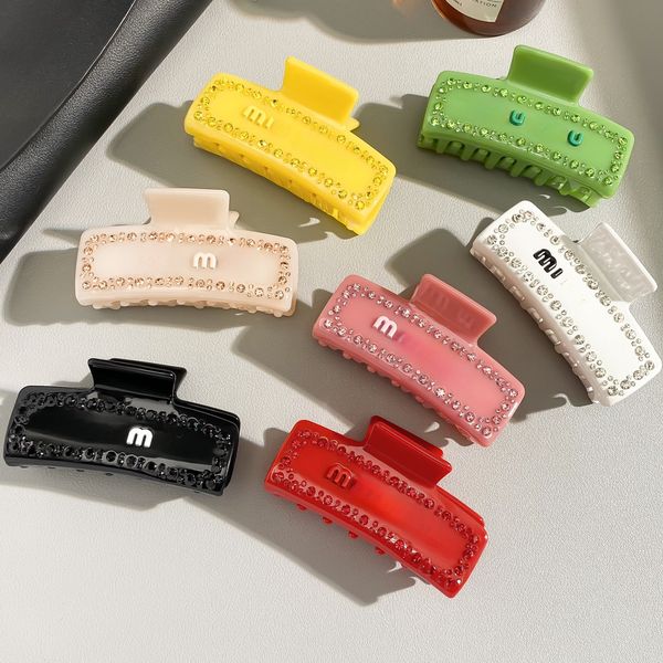 Macaron-colored letter-shaped acetate rectangular hairpin with diamonds stylish and versatile shark clip available in multiple colors
