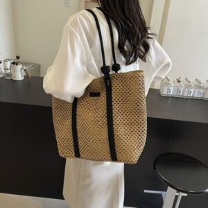 2025 Spring Summer New Arrival – Boho Chic Oversized Straw Tote Bag w/Shoulder Strap Free Shipping Lattice-Design Work & Vacation Handbag