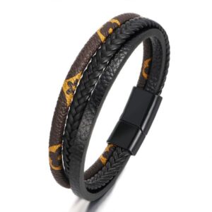 Cool Multi Layered Genuine Leather Bangle Bracelet with Stainless Steel Magnetic Buckle