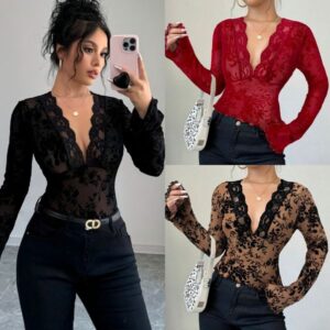 2025 Spring New Womens V-neck Lace Patchwork Mesh Flare Sleeve T-shirt Top 230510