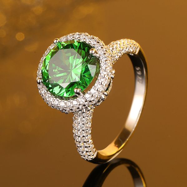 Princess Style S925 Sterling Silver Emerald Green Engagement Ring with Full Diamond Setting, Luxury Wedding Jewelry Gift