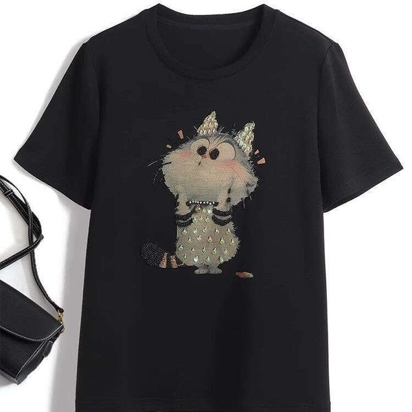 Plus Size Women's Clothing150kg New Summer Style Multi-Craft Handmade Beaded Sequin Rhinestone Short Sleeve T-Shirt Top