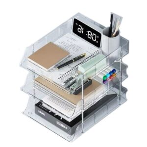 transparent acrylic threelayer storage box where documents and miscellaneous items are orderly placed