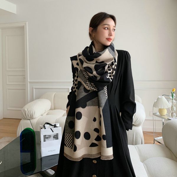 Korean Style Geometric Polka Dot Scarf | Winter Warm Imitation Cashmere Thick Shawl | Women Long Neck Wrap Student Trendy Scarves