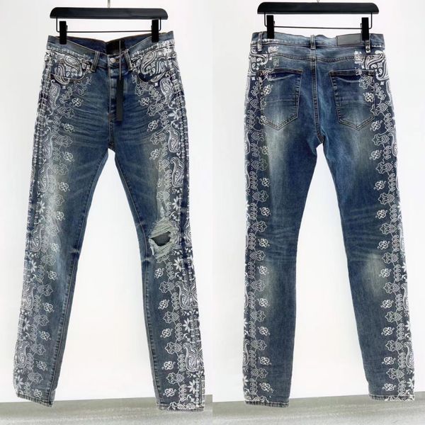 s Designers Jeans distressed jean Straight Men's flowers prints Stretch Denim Casual Jean Men Skinny Pants Elasticit