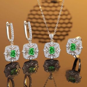 S925 Sterling Silver Green Gemstone Jewelry Set with Necklace, Earrings, and Ring for Women, Luxury and Elegant Design