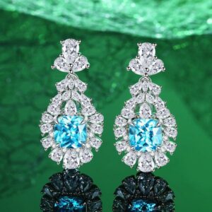 S925 Sterling Silver High-Carbon Diamond Ocean-Blue Square Stone Stud Earrings, Ice Flower Cut Long Drop Earrings, European and American Luxury Women's Jewelry"