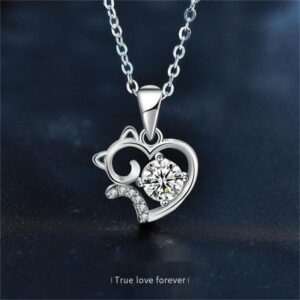Cute Cat Heart Pendant 925 Silver Moissanite Necklace for Women Romantic Gift Minimalist Jewelry for Girlfriend Birthday Surprise