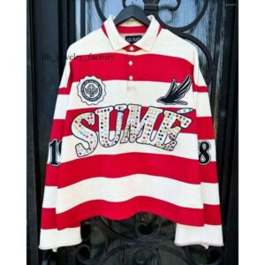 Men's T Shirts Harajuku Top SUME Text Rhinestone Print Long Sleeved Shirt Style Retro Striped Hip-hop Street Collar 227