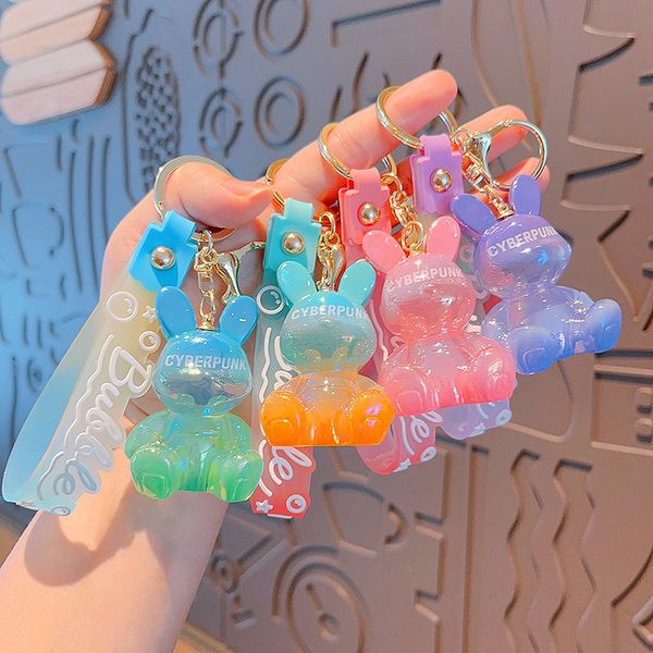 Trendy Gradient Bunny Keychain - Transparent Acrylic Rabbit Charm with Custom Initial Letter, Cute Couple Matching Keyring for Bags & Cars
