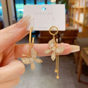 High-end, grand, full-diamond asymmetrical butterfly fringed earrings, personalized, light luxury, for daily wear silver needle stud earrings accessory