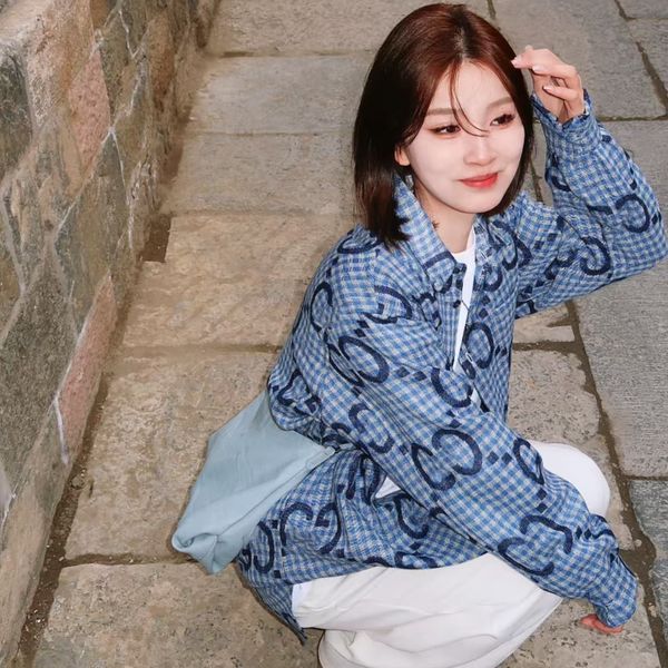 Designer Women's Blouses & Shirts Full print blue retro checkered shirt cardigan with lazy style sun protection jacket