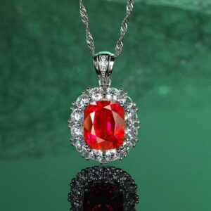 925 Sterling Silver Necklace with Red and Green Nano Gemstone Pendant, Full Diamond Inlaid Luxury Wedding Jewelry for Women