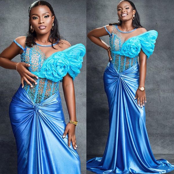 Blue Mermaid Prom Dresses 2025 Beaded Sheer Neck Satin Evening Formal Party Second Birthday Engagement Gowns Plus Size Dress For Special Occasions