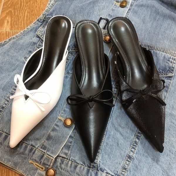 Leather satin sandals top luxury designer shoes sexy women pointy high heels fashion printed half slipper classic bow plaid dress shoes summer new rivet casual shoes