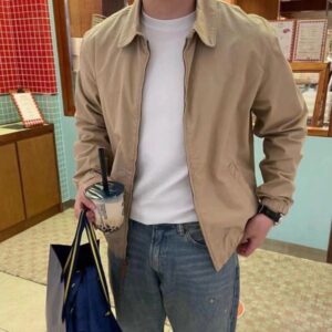 Khaki Workwear Coat for Men Small Horse Design Casual Outerwear Zip Up Jacket Vintage Style Fashion Streetwear Leather Inspired Bomber Jacket Comfortable Fit