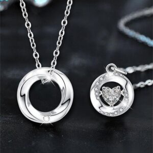 Couple Moissanite Pendant Necklaces in S925 Sterling Silver, Heart and Circle Design, Dainty Love Jewelry for Anniversary or Valentine's Gift