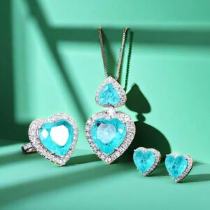 15*15 Love heart Jewelry Set S925 sterling Silver Paraiba blue Ring Pendant Necklace Earrings Antique Classic Precious Jewelry Set gift for girlfriend sister mom