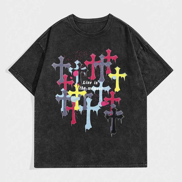 American Style Washed Vintage Short T-Shirt for Men, Trendy Brand, Pure Cotton, Cross Print, Loose Fit, Half Sleeve