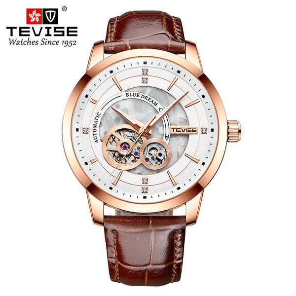 TEVISE New Style Business Fashion Mens Automatic Mechanical Watch with Leather Strap Wristwatch T031-T876C