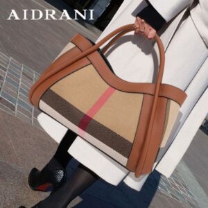 Free Shipping Aidrani 2025 New Retro Checkered Women's Designer Handbag Large Capacity Canvas Genuine Leather Bag