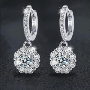 925 Sterling Silver Sunflower Moissanite Earrings – Classic 4-Prong Setting, Dazzling 3EX Cut, Rhodium Plated, Hypoallergenic, Gift for Her
