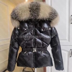 Womans designer winter short down jackets fur coats real raccoon hair collar Puffer jacket women parkas with belt lady cotton coat outerwear