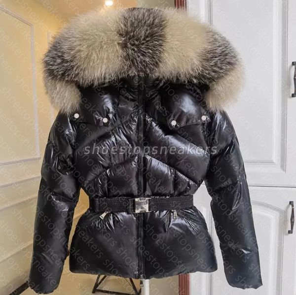 Womans designer winter short down jackets fur coats real raccoon hair collar Puffer jacket women parkas with belt lady cotton coat outerwear