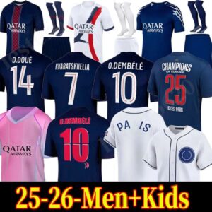 25 26 D.DOUE DEMBELE Soccer Jerseys Kvaratskhelia Maillot MBAPPE HAKIMI enfants football shirts kits kids Equipment VITINHA Zaire Emery BARCOLA PARIS PSGES kit 4XL