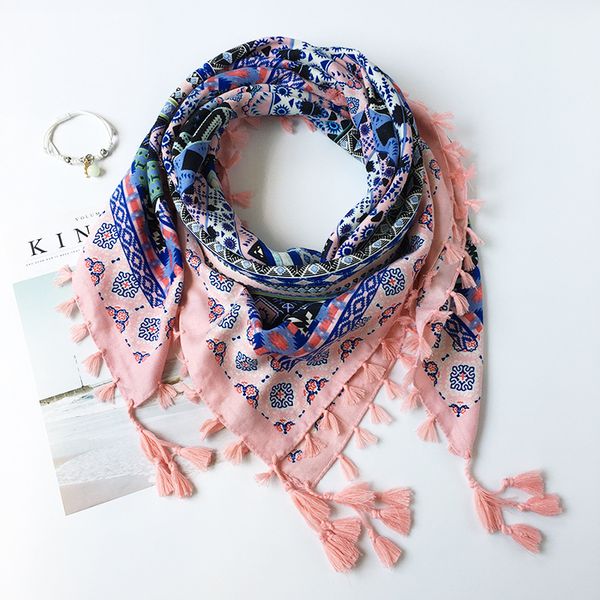 Retro ethnic style twill cotton square scarf with four sided tassel print scarf --83249