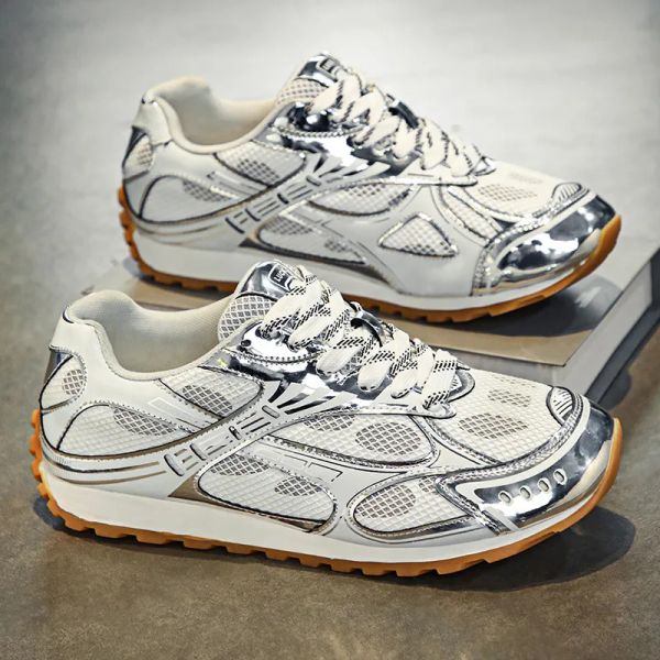 Retro Style Men's Thick Soled Sports Sneakers Men Breathable Casual Silver Lace Up ShoesMen's Fashion Sneakers Outdoor Daily Casual Lightweight Shoes