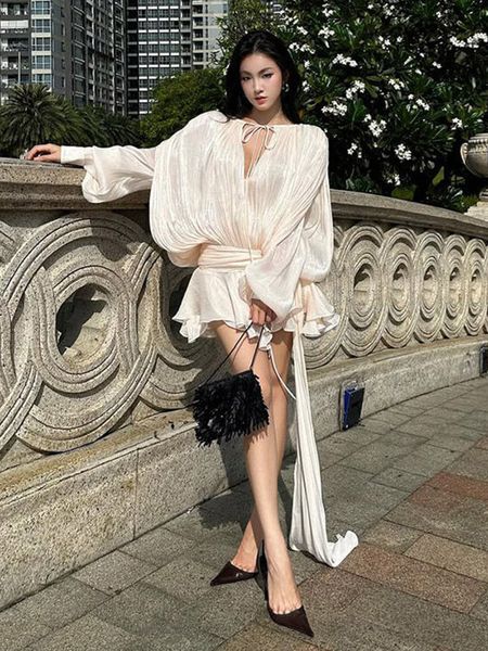 CMLONGBIDA Casual Dresses Chic Ruffle Hem Mini Dress O Neck Lace Up Loose Blouse Lantern Sleeve Solid Chiffon Vestidos 2025 Lady Spring Gown