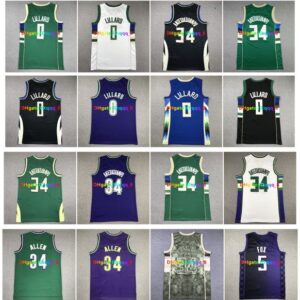 Damian Lillard Giannis Antetokounmpo Basketball Jersey Ray Allen 5 De'Aaron Fox Throwback Green Black Blue White Size S-XXL