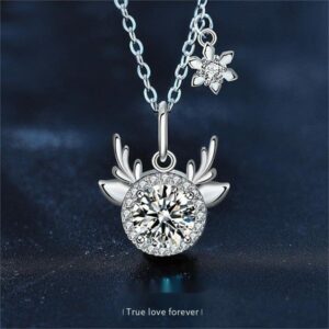 Moissanite Deer Pendant Necklace for Women, 925 Sterling Silver Reindeer Antler Jewelry, Christmas Gift Cute Design