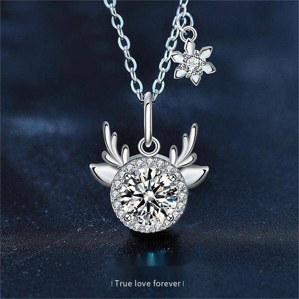 Moissanite Deer Pendant Necklace for Women, 925 Sterling Silver Reindeer Antler Jewelry, Christmas Gift Cute Design