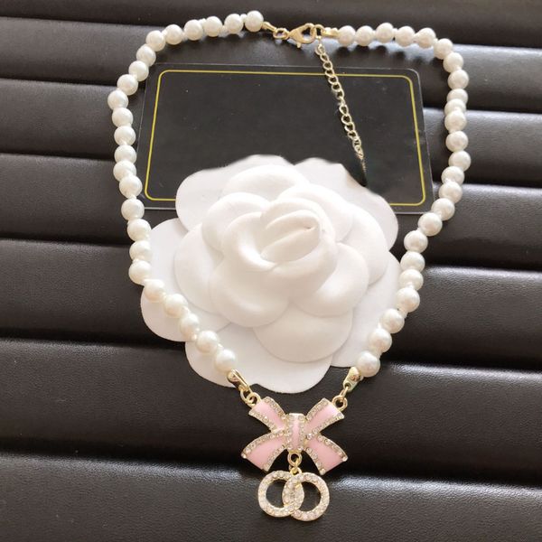 Luxury Pearl Necklace Designer Women Bow Pendant Gold Plated Crysal Choker Necklace Wedding Party Jewelry Gift