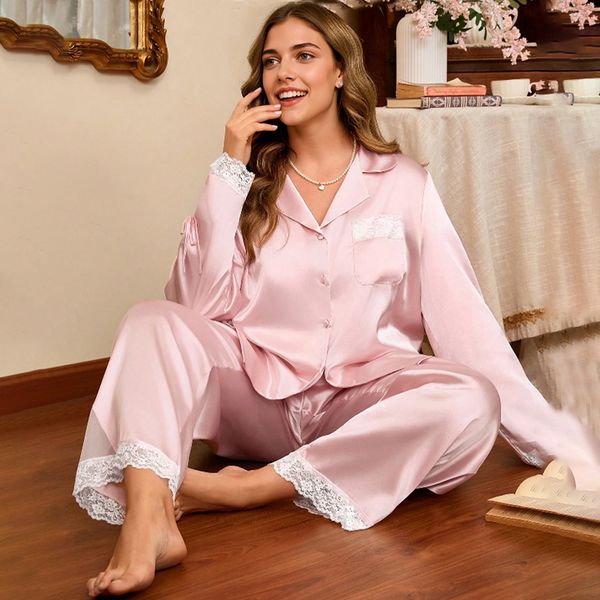 2025 New Women's Plus Size Spring and Autumn Silk Satin Lace Trim Long Sleeve Long Pants Pajama Set Homewear