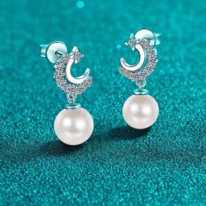 Moissanite S925 Silver Pearl Stud Earrings for Women, Fresh and Cute Star Moon Design, Sweet Fashionable Earrings with Elegant Charm
