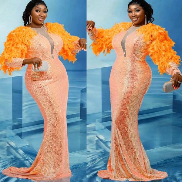 Orange Mermaid Prom Dresses 2025 Feather Sequined Full Sleeves Evening Formal Party Second Birthday Engagement Gowns Plus Size Dress For Special Occasions