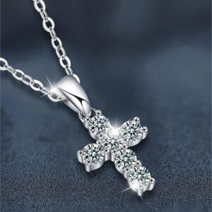 Classic Cross Moissanite Pendant Necklace – 925 Sterling Silver, Hypoallergenic, Elegant Religious Jewelry